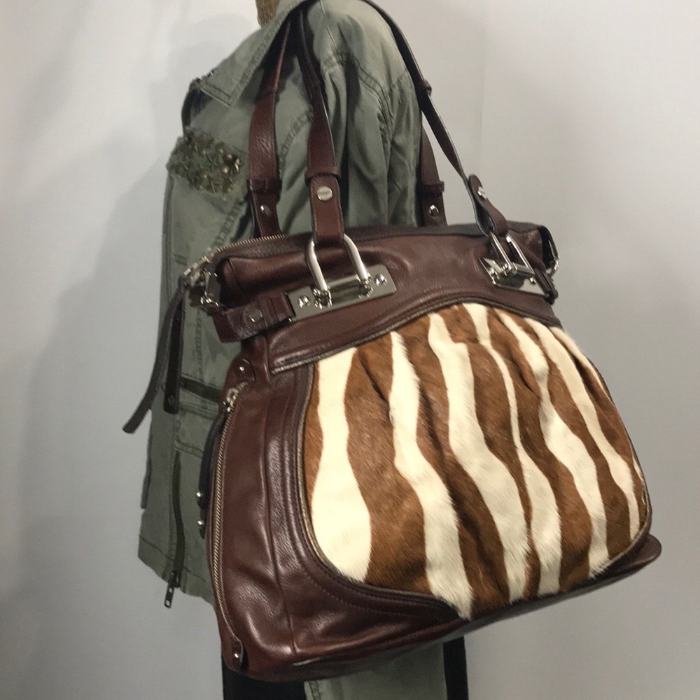 B.Makowsky Canterbury Brown Leather & Fur Tote Bag